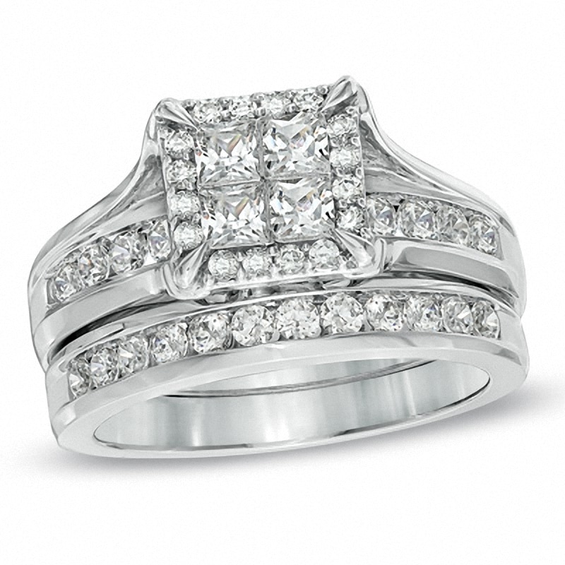 Previously Owned - 1.50 CT. T.W. Princess-Cut Quad Diamond Frame Bridal Set in 14K White Gold|Peoples Jewellers