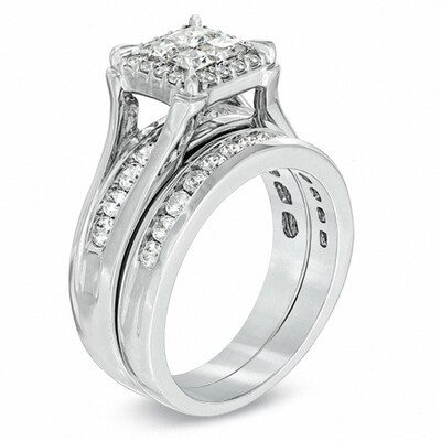 Previously Owned - 1.50 CT. T.W. Princess-Cut Quad Diamond Frame Bridal Set in 14K White Gold