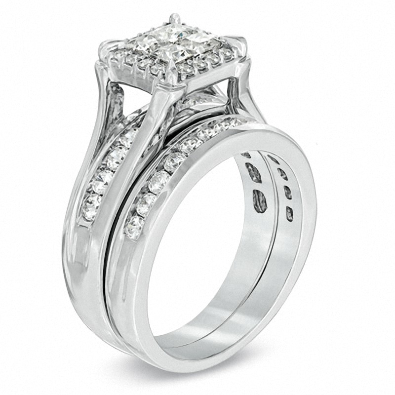 Previously Owned - 1.50 CT. T.W. Princess-Cut Quad Diamond Frame Bridal Set in 14K White Gold|Peoples Jewellers