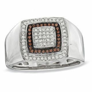 Previously Owned - Men's 0.30 CT. T.W. Enhanced Cognac and White Diamond Frame Ring in 10K White Gold