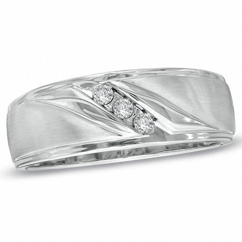 Main Image 1 of Previously Owned - Men's 0.10 CT. T.W. Diamond Three Stone Slant Band in 10K White Gold