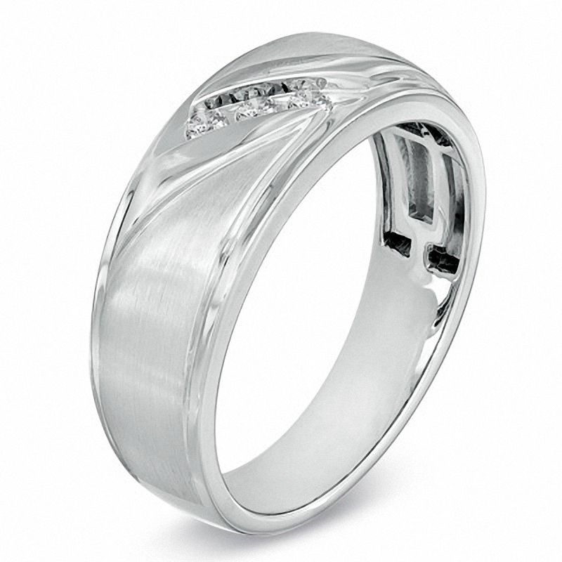 Main Image 2 of Previously Owned - Men's 0.10 CT. T.W. Diamond Three Stone Slant Band in 10K White Gold