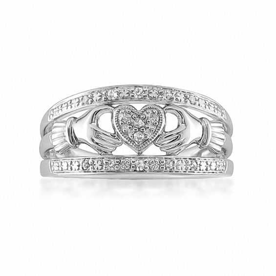 Previously Owned - 0.085 CT. T.W. Diamond Claddagh Ring in Sterling Silver