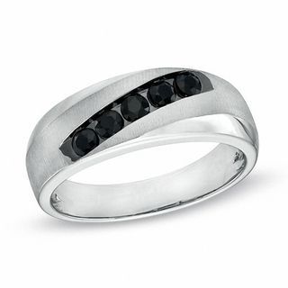 Previously Owned - Men's Black Sapphire Five Stone Slant Band in 10K White Gold