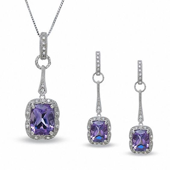 Previously Owned - Cushion-Cut Amethyst Pendant and Earrings Set in Sterling Silver