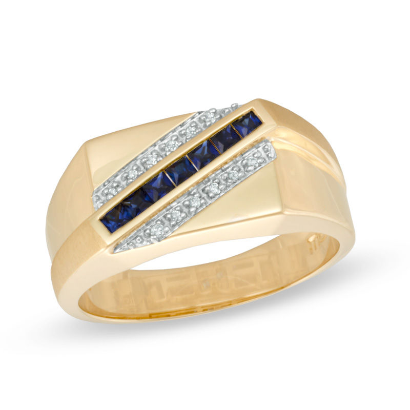 Previously Owned - Men's 0.50 CT. T.W. Diamond and Lab-Created Blue Sapphire Ring in 10K Gold|Peoples Jewellers