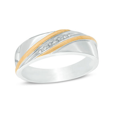 Previously Owned - Men's Diamond Accent Slant Ring in Sterling Silver and 14K Gold Plate