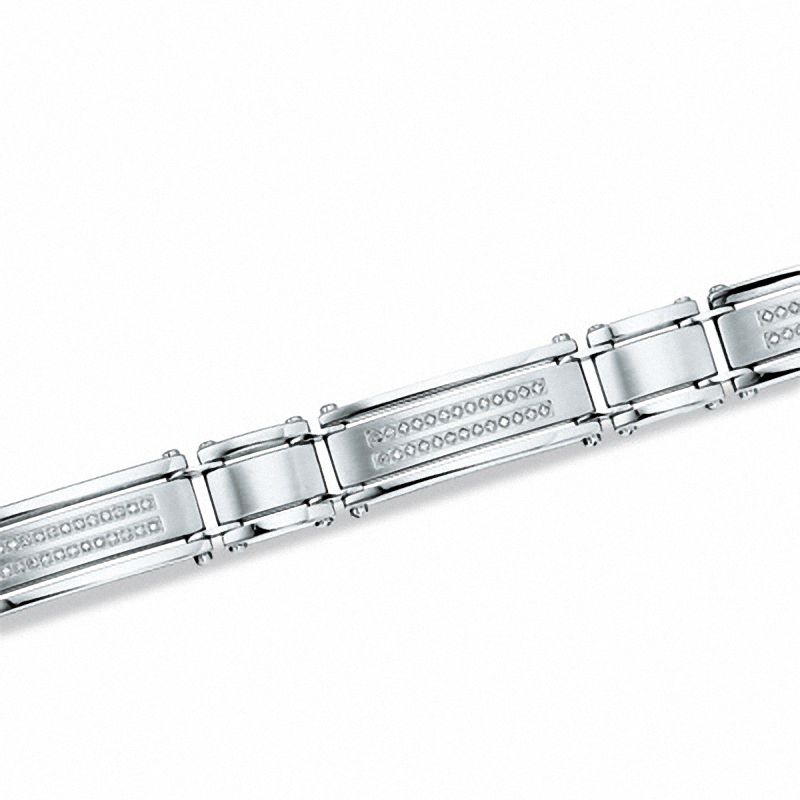 Previously Owned - Men's 0.25 CT. T.W. Diamond Double Row Link Bracelet in Stainless Steel - 8.5"