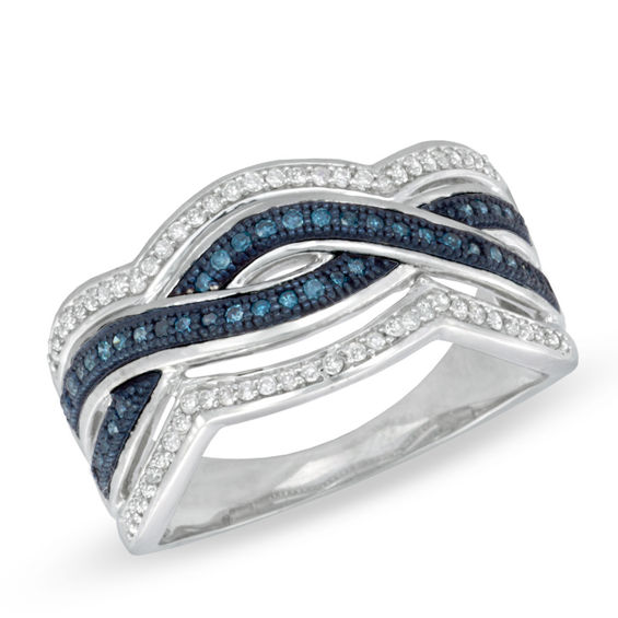 Previously Owned - 0.31 CT. T.W. Enhanced Blue and White Diamond Ribbon Ring in 10K White Gold