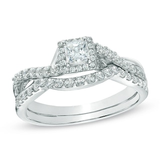 Previously Owned - 0.70 CT. T.W. Princess-Cut Diamond Frame Twist Shank Bridal Set in 10K White Gold