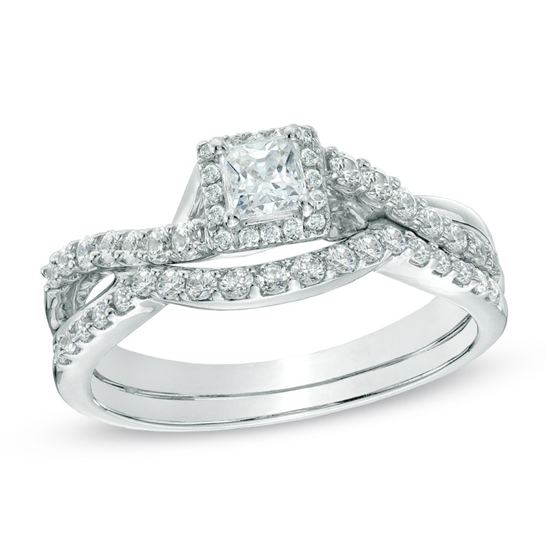 Previously Owned - 0.70 CT. T.W. Princess-Cut Diamond Frame Twist Shank Bridal Set in 10K White Gold|Peoples Jewellers
