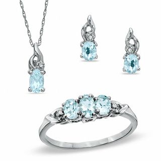 Previously Owned - Oval Aquamarine and Diamond Accent Ring, Pendant and Earrings Set in 10K White Gold