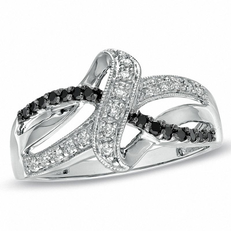 Main Image 1 of Previously Owned - 0.25 CT. T.W. Enhanced Black and White Diamond Ribbon Ring in Sterling Silver