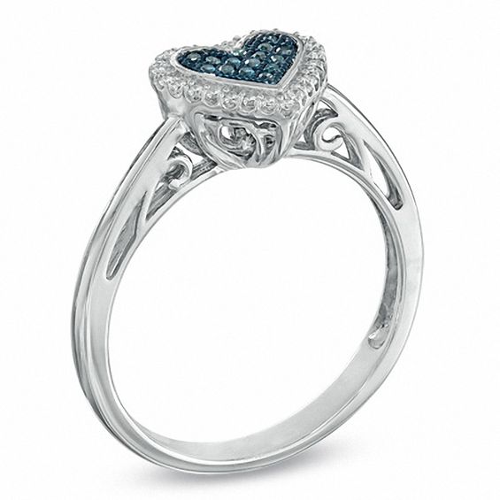 Previously Owned - 0.13 CT. T.W. Enhanced Blue and White Diamond Frame Heart-Shaped Ring in Sterling Silver