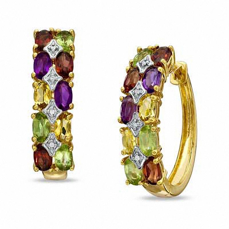Previously Owned - Multi-Gemstone and Diamond Accent Hoop Earrings in Sterling Silver with 18K Gold Plate|Peoples Jewellers