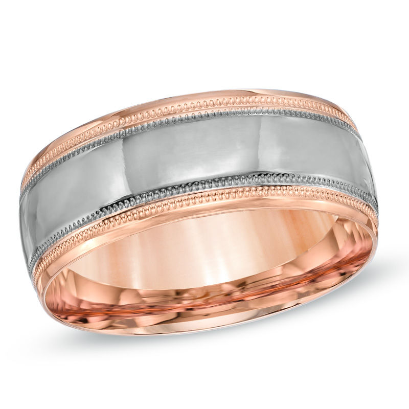Previously Owned - Men's 8.0mm Milgrain Comfort Fit Wedding Band in 10K Rose Gold with Charcoal Rhodium|Peoples Jewellers