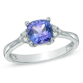 Previously Owned - 6.5mm Cushion-Cut Tanzanite and Diamond Accent Ring in 10K White Gold