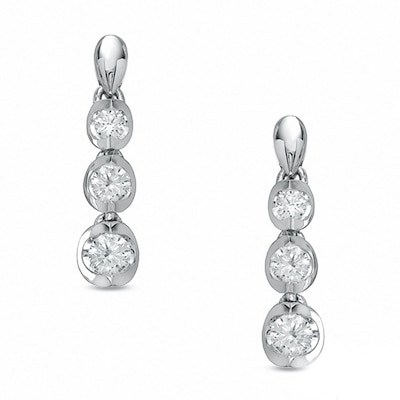 Previously Owned - 0.50 CT. T.W. Diamond Three Stone Drop Earrings in 14K White Gold