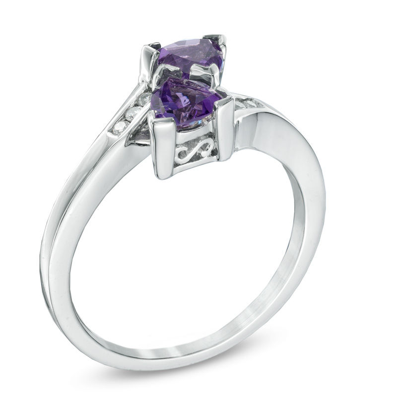 Main Image 2 of Previously Owned - 5.0mm Trillion-Cut Amethyst and 0.04 CT. T.W. Diamond Bypass Ring in Sterling Silver