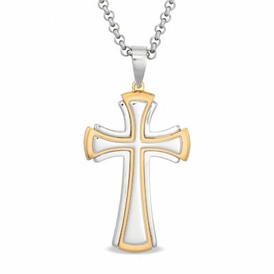 Previously Owned - Men's Stacked Cross Pendant in Two-Tone Stainless Steel - 24"