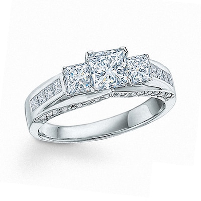 Previously Owned - 1.50 CT. T.W. Princess-Cut Diamond Three Stone Ring in 14K White Gold (I/I1)