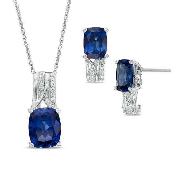 Previously Owned - Cushion-Cut Lab-Created Ceylon and White Sapphire Pendant and Earrings Set in Sterling Silver