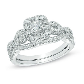 Previously Owned - 0.95 CT. T.W. Princess-Cut Diamond Frame Twist Bridal Set in 14K White Gold