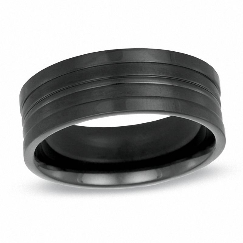 Main Image 1 of Previously Owned - Men's 8.0mm Comfort Fit Grooved Wedding Band in Black Titanium