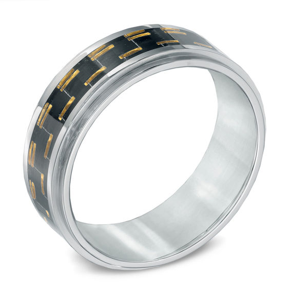 Previously Owned - Men's 9.0mm Two-Tone Carbon Fibre Comfort Fit Wedding Band in Stainless Steel