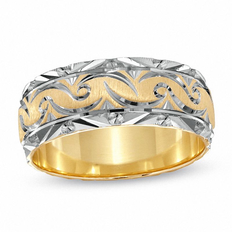 Main Image 1 of Previously Owned - Men's 8.0mm Swirled Wedding Band in 14K Two-Tone Gold