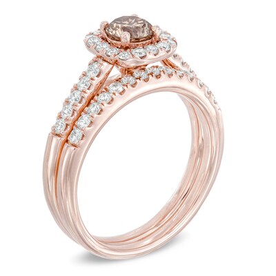 Previously Owned - 1.25 CT. T.W. Champagne and White Diamond Frame Bridal Set in 14K Rose Gold