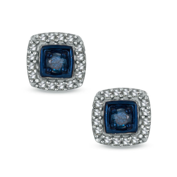 Previously Owned - 0.15 CT. T.W. Enhanced Blue and White Diamond Frame Stud Earrings in Sterling Silver