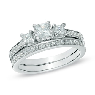 Previously Owned - 0.60 CT. T.W. Princess-Cut Diamond Past Present Future® Bridal Set in 14K White Gold