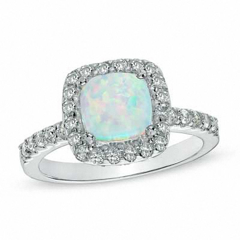 Previously Owned - 7.0mm Cushion-Cut Lab-Created Opal and White Sapphire Ring in Sterling Silver