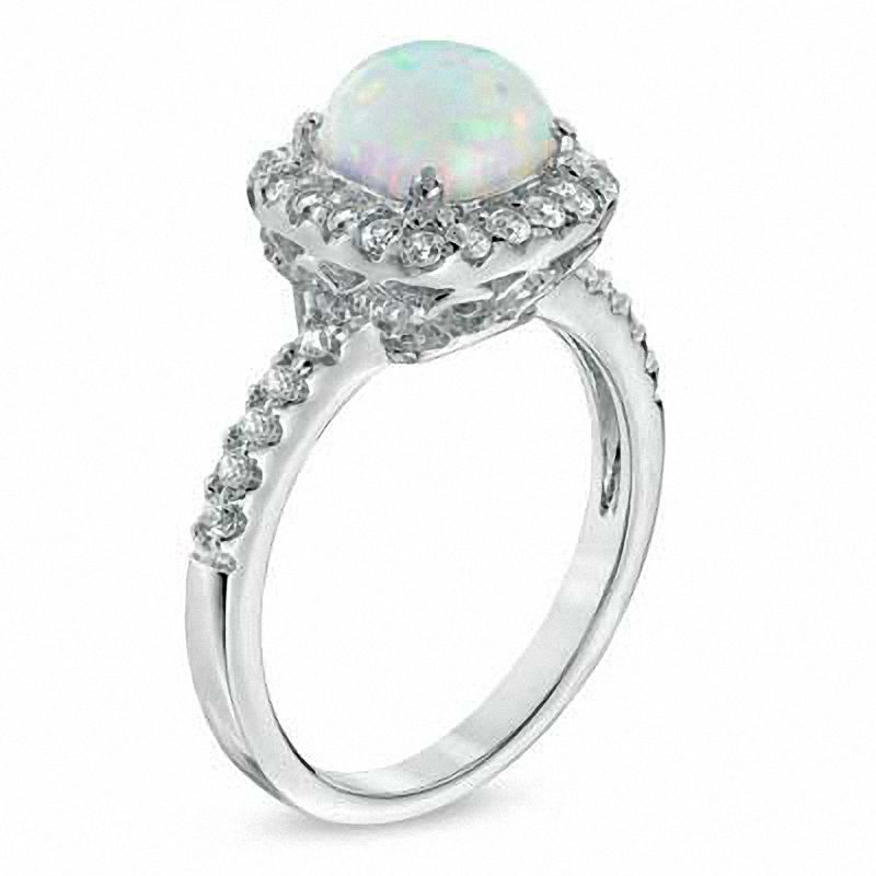 Previously Owned - 7.0mm Cushion-Cut Lab-Created Opal and White Sapphire Ring in Sterling Silver