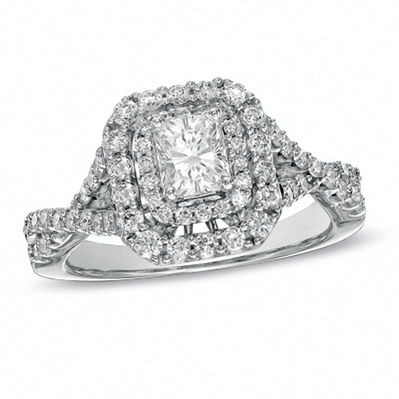 Previously Owned - 1.25 CT. T.W. Radiant-Cut Diamond Double Frame Engagement Ring in 14K White Gold (I/I1)|Peoples Jewellers