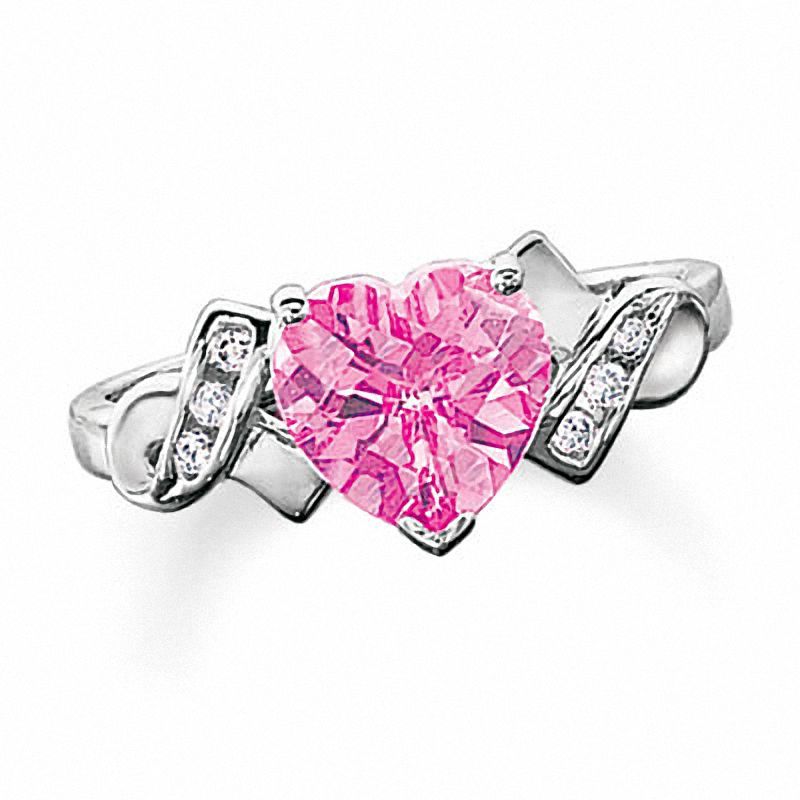 Previously Owned - Lab-Created Pink Sapphire Heart Ring in 10K White Gold with Diamond Accents