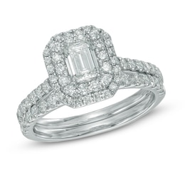Previously Owned - 1.45 CT. T.W.   Emerald-Cut Diamond Double Frame Bridal Set in 14K White Gold (I/I1)