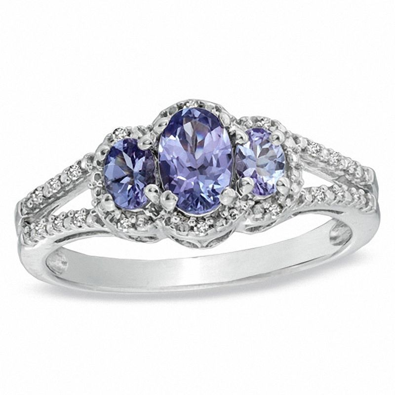 Previously Owned - Oval Tanzanite and Diamond Accent Three Stone Ring in Sterling Silver|Peoples Jewellers