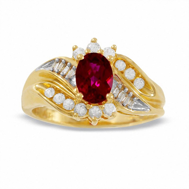 Previously Owned - Oval Lab-Created Ruby, White Sapphire and Diamond Accent Ring in 10K Gold|Peoples Jewellers