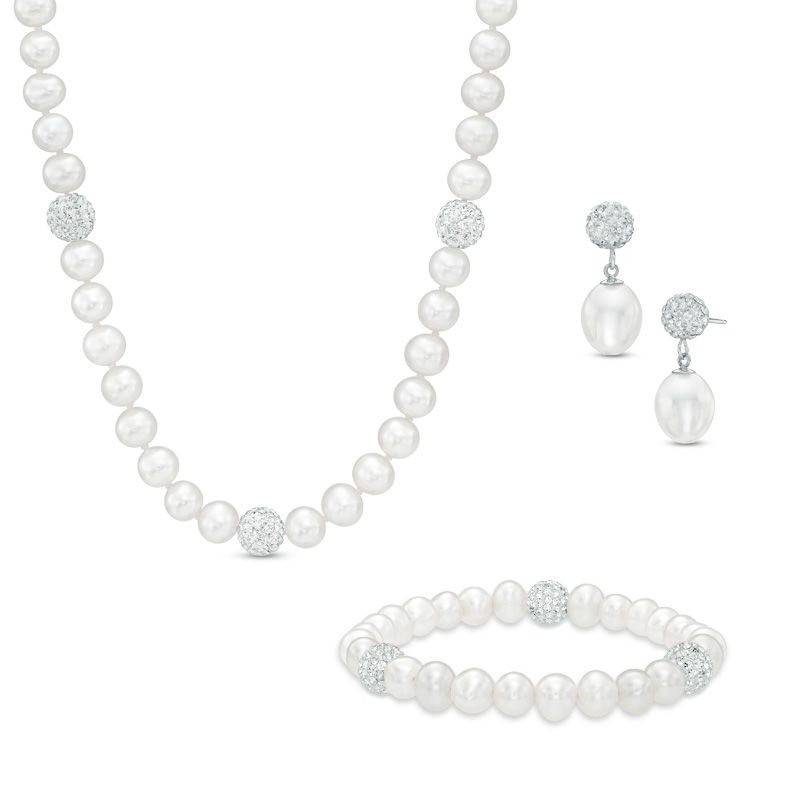 Previously Owned-Freshwater Cultured Pearl and Crystal Bead Necklace, Bracelet and Earrings Set in Sterling Silver