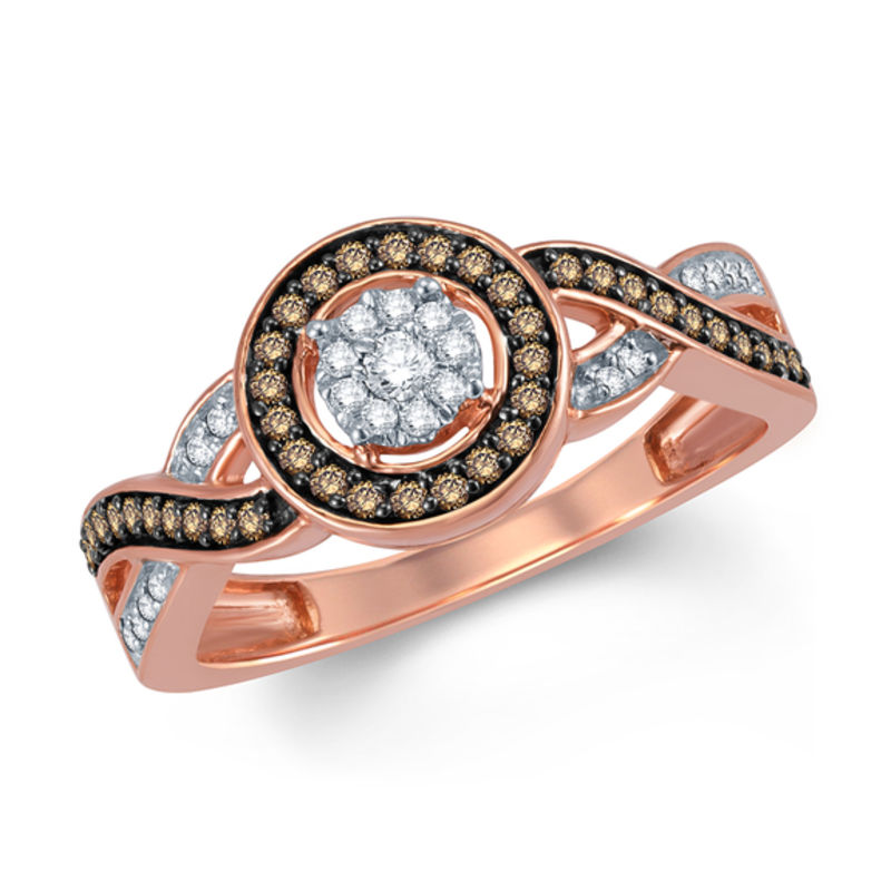 Previously Owned - 0.25 CT. T.W. Champagne and White Diamond Frame Cluster Twist Ring in 10K Rose Gold|Peoples Jewellers