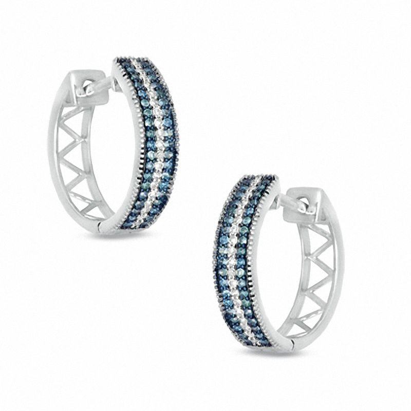Previously Owned - 0.32 CT. T.W. Enhanced Blue and White Diamond Triple Row Hoop Earrings in 10K White Gold|Peoples Jewellers