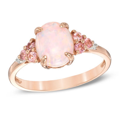 Previously Owned - Lab-Created Opal, White Sapphire and Pink Tourmaline Ring in Sterling Silver with 14K Rose Gold Plate