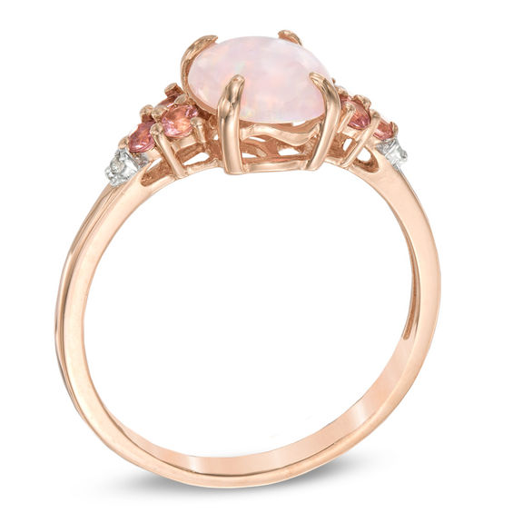 Previously Owned - Lab-Created Opal, White Sapphire and Pink Tourmaline Ring in Sterling Silver with 14K Rose Gold Plate