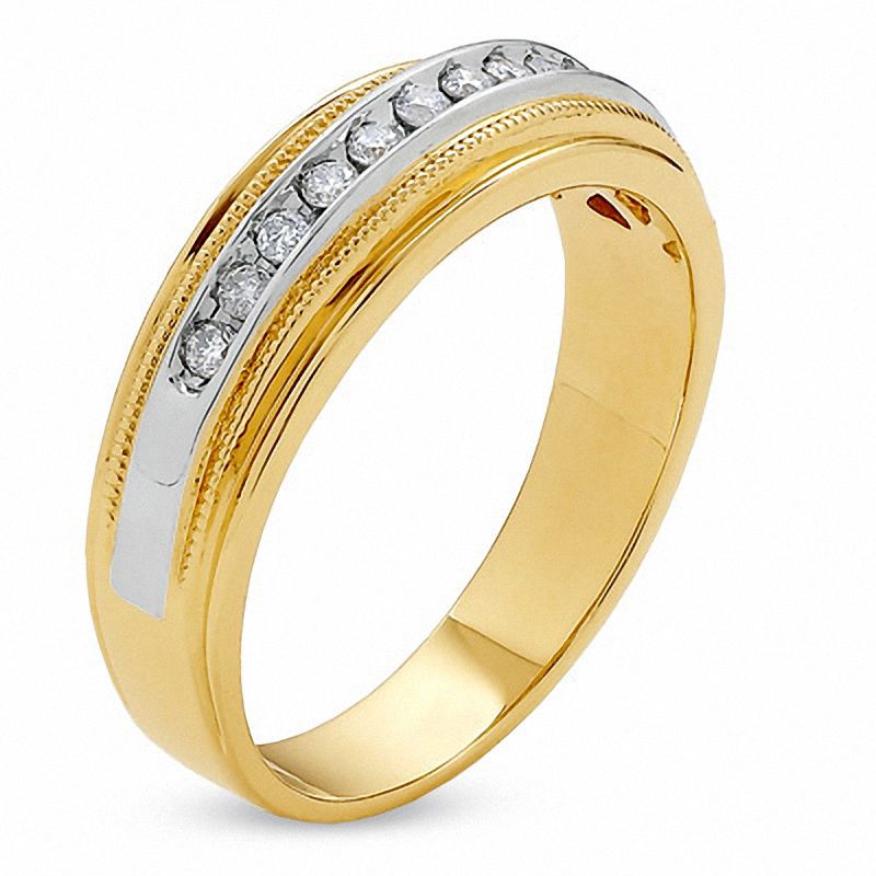 Main Image 2 of Previously Owned - Men's 0.25 CT. T.W. Diamond Channel Milgrain Band in 14K Two-Tone Gold