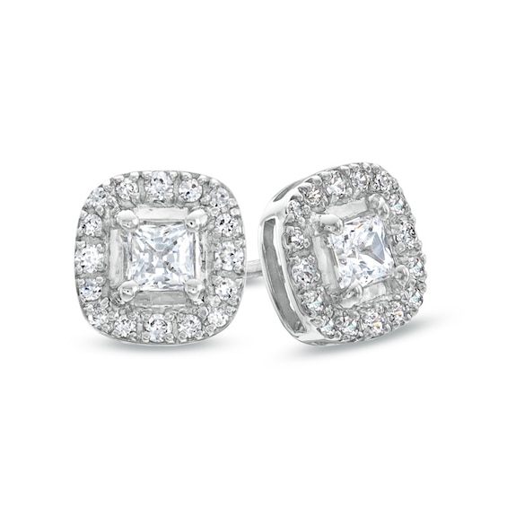 Previously Owned - 0.40 CT. T.W.  Princess-Cut Diamond Frame Stud Earrings in 14K White Gold (I/I2)