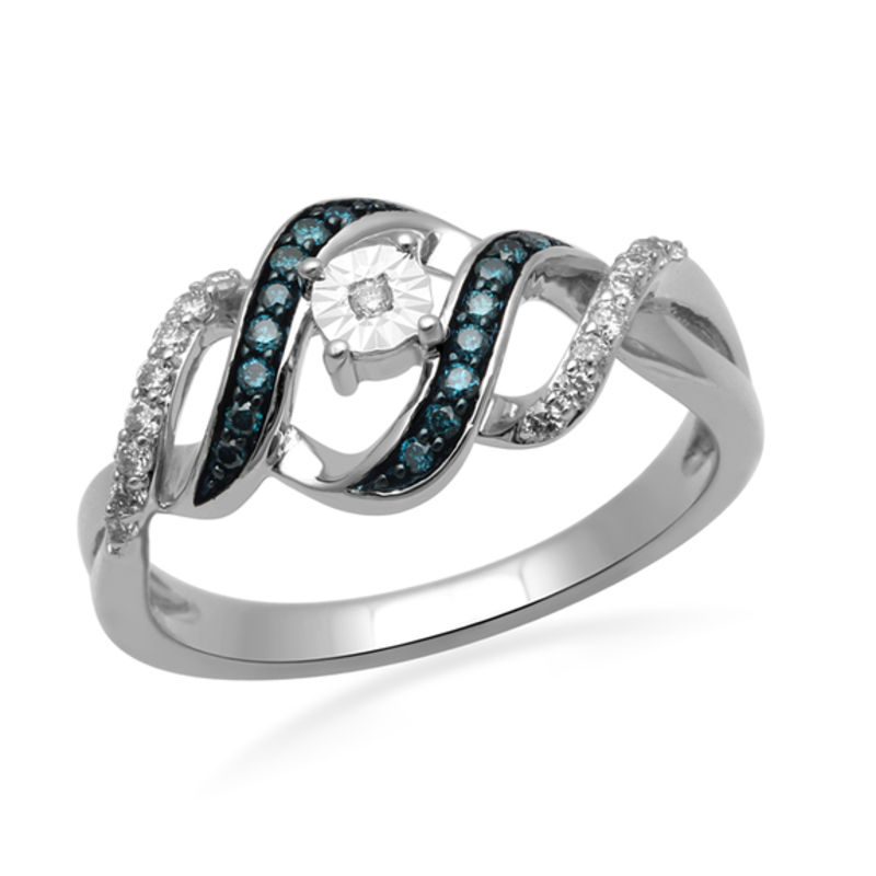 Main Image 1 of Previously Owned - 0.25 CT. T.W. Enhanced Blue and White Diamond Cascading Bypass Ring in Sterling Silver