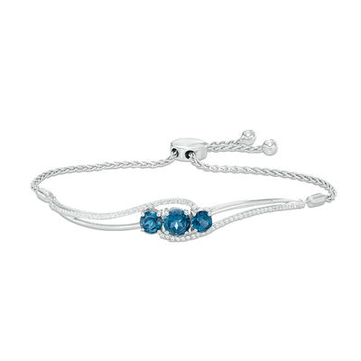 Previously Owned - London Blue Topaz and Lab-Created White Sapphire Three Stone Bolo Bracelet in Sterling Silver - 8.0"