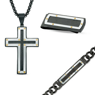 Previously Owned - Men's Pendant, ID Bracelet and Money Clip Set in Tri-Tone Stainless Steel - 24"